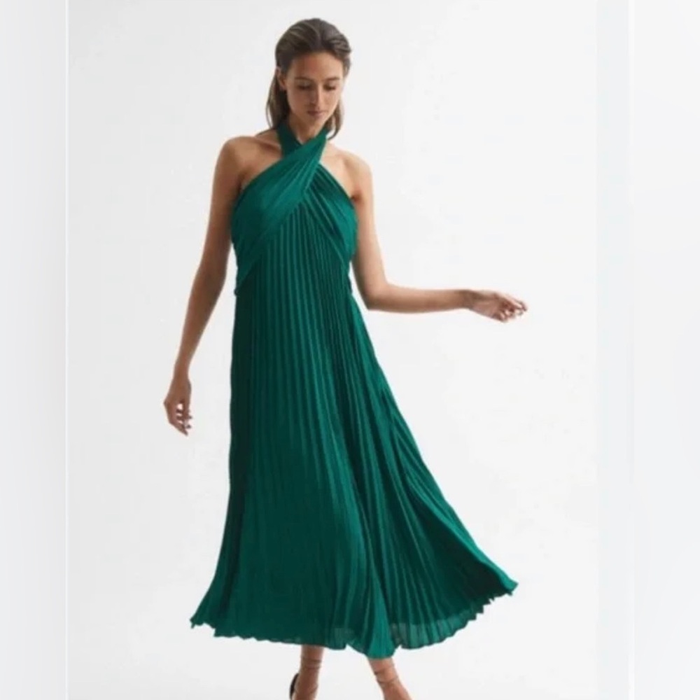 Reiss Green Pleated Halter Dress